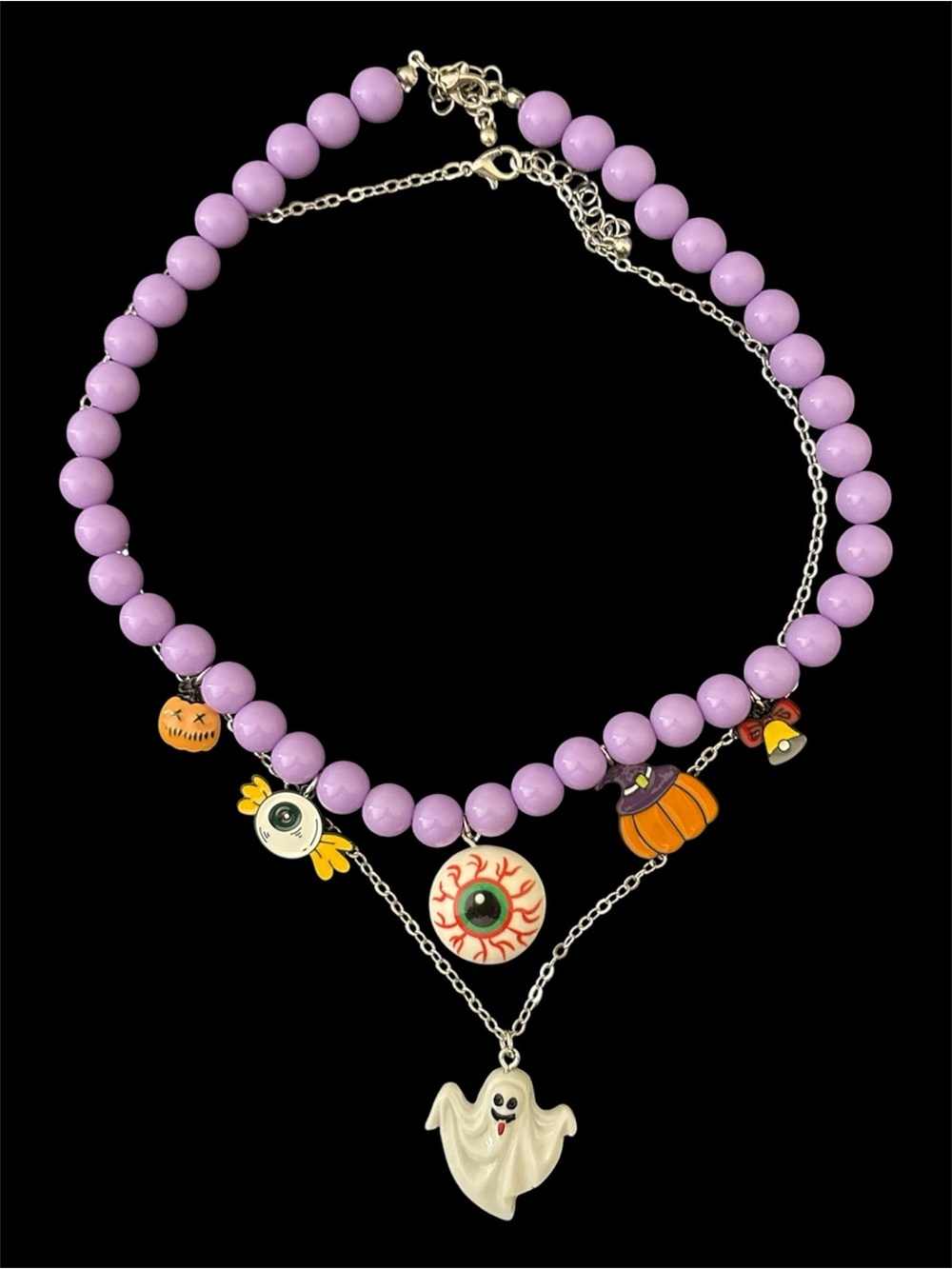 Halloween Purple Beaded 2-Piece Necklace Set with Ghost & Eyeball Charms - New - Picture 3 of 4